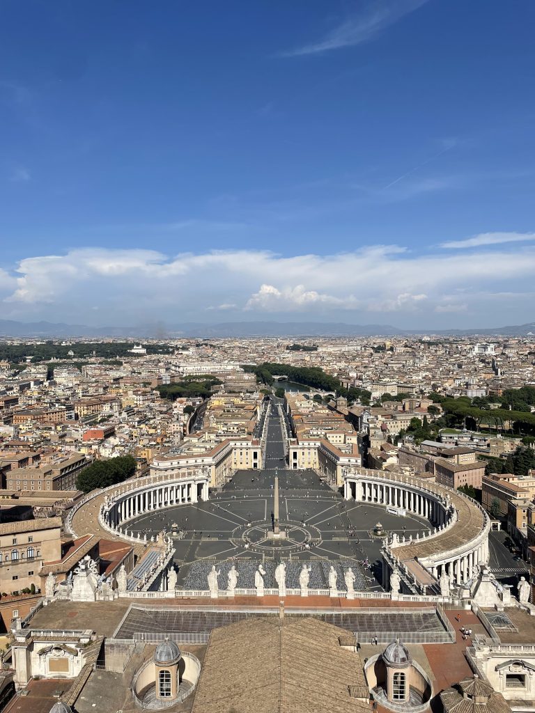 View atop the dome of St. Peter’s Basilica in Vatican City.