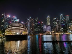 City skyline at night with water in the foreground. Apple Center Singapore with stunning buildings.
