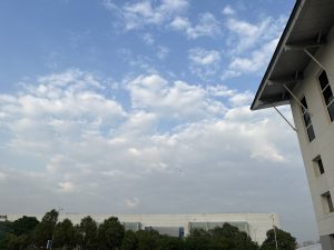 Skyline with fluffy clouds, a glimpse of urban buildings beneath the expansive blue sky and some tree.