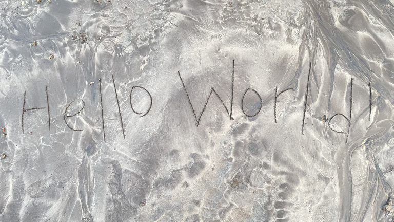 “Hello World” etched in the sand on Alibag beach, Mumbai.