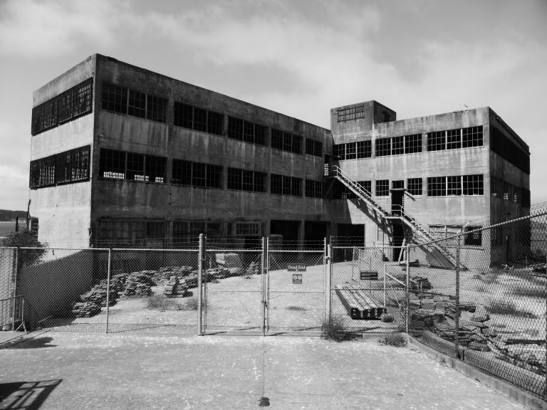 A black and white photo of Alcatraz prison