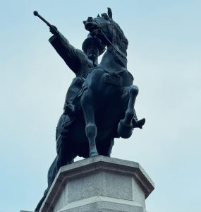 A statue of Aaturk on a horse in Almaty, Kazakhstan