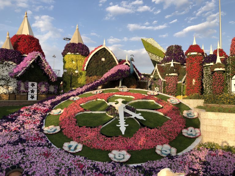 A huge clock made up of flowers.