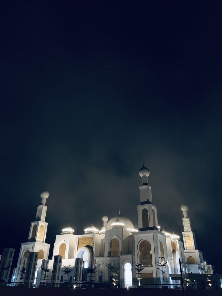 A white mosque illuminated at night