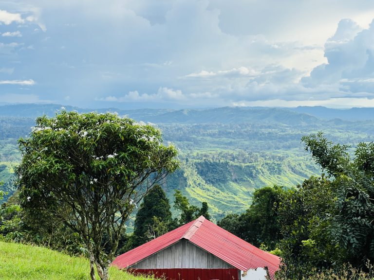 Stunning view of the lush green mountain range with a hose with red roof in the foreground.