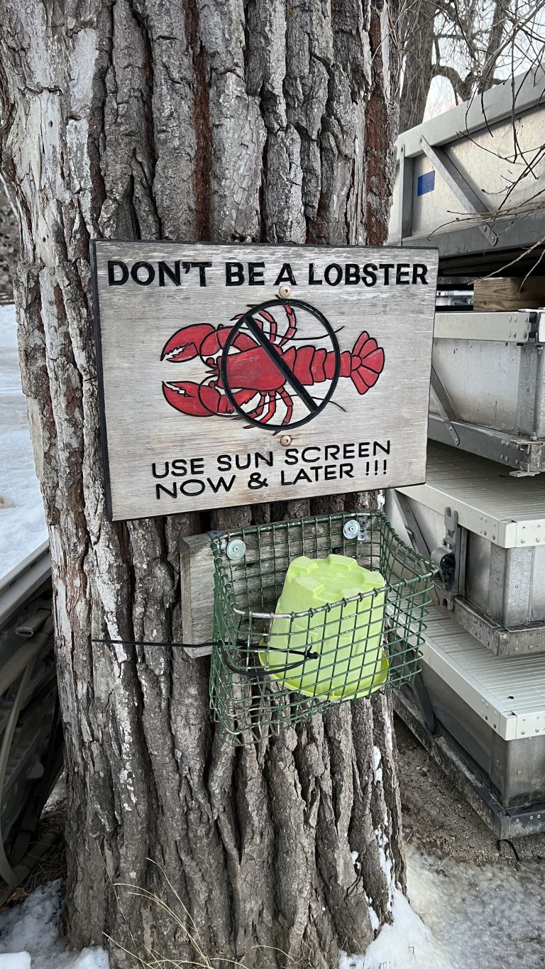 Tree trunk with ice and stacked up lake deck segments surrounding it with a wooden sign screwed to it with a lobster with a circle cross through it and the text “Don’t be a lobster, use sun screen now & later !!!” (Camp Anokijig, Elkhart Lake, Wisconsin)