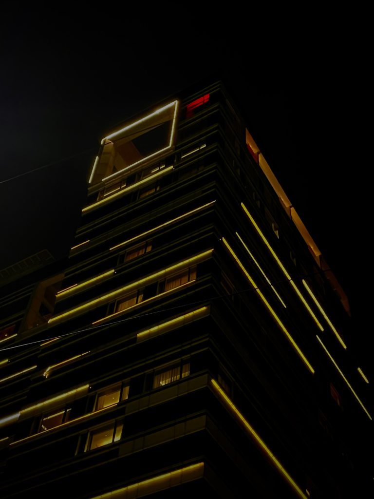 A highrise building at night