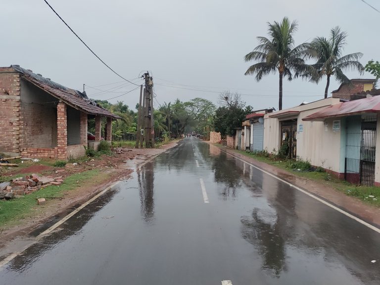 Rain falls on a street with buildings on either side, electric wires overhead, and palm trees.