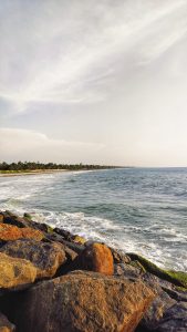 A scenic coastal view with waves crashing against rocks on the shore, showcasing the beauty of the ocean.