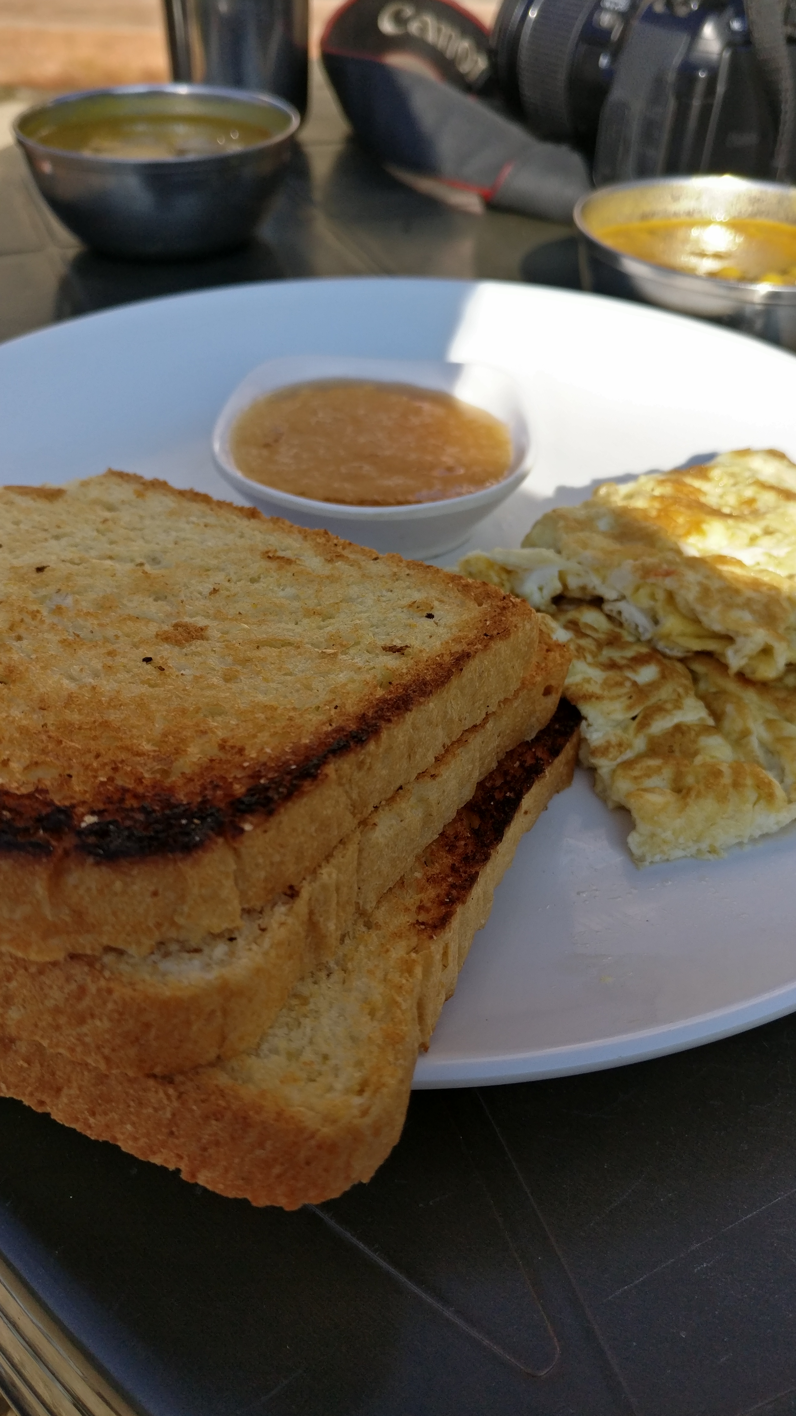 Toast and omelet for breakfast.