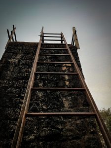 Rusty metal ladder leans against a flakey stone tower.