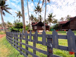 Cozy cottages nestled within wooden fences, embraced by swaying coconut trees. Varkkala, Kerala.