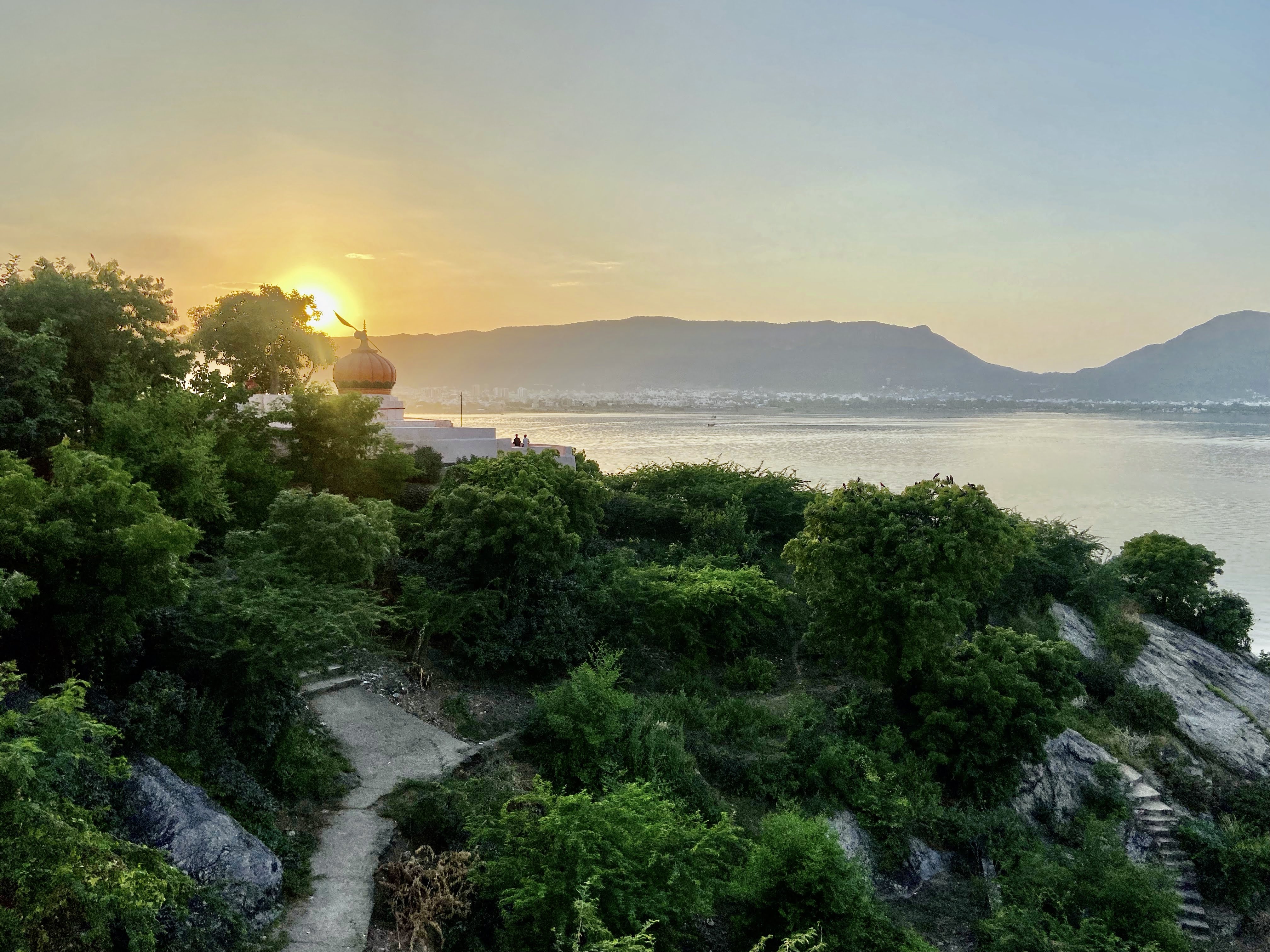 Stunning view of Ana Sagar Lake during sunset.