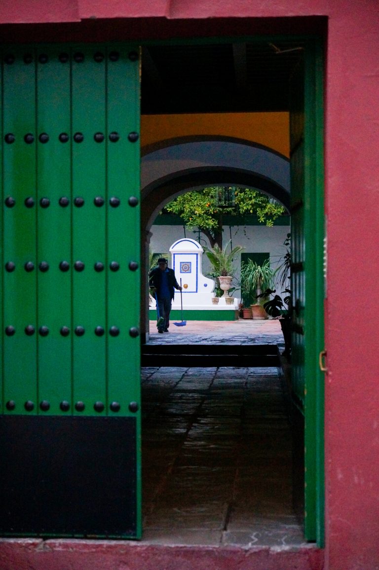 Green door leading to a classic Andalusian patio.