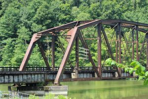 Rusted iron train bridge over water, Hawks Nest State Park, West Virginia