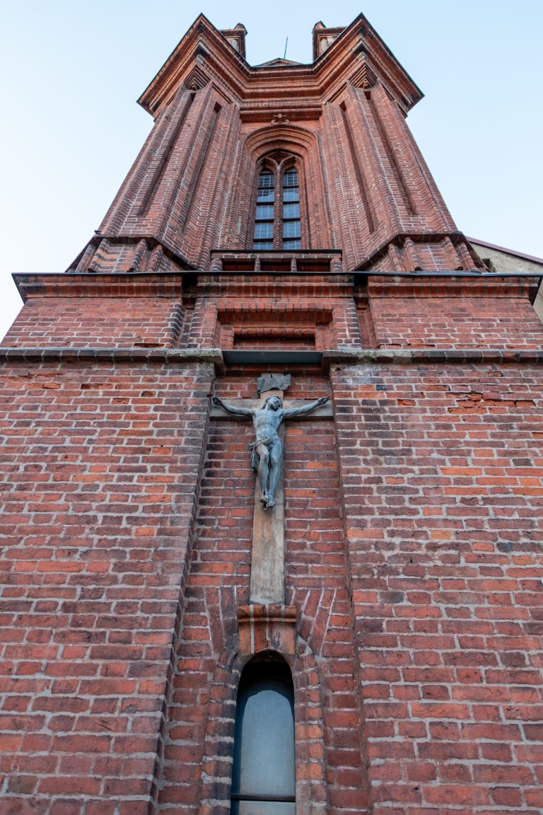 Crucifix on the wall of  Church of St. Anne, Vilnius.