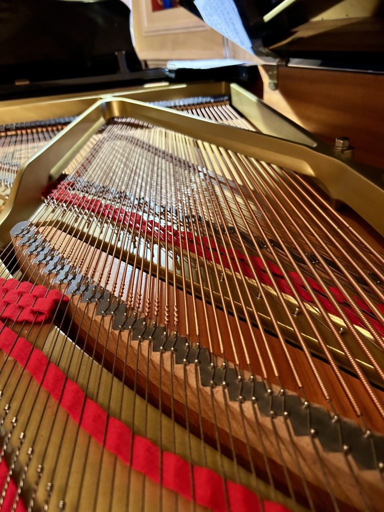 Inside of a classical piano, showing its strings