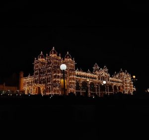 Mysore palace light show at night.
