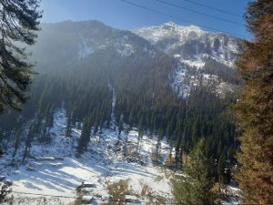 Snow laden mountains.