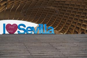 View larger photo: I LOVE SEVILLA letters placed on top of the stairs at Metropol Parasol.