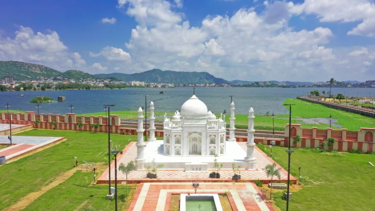 Aerial view of a miniature of Taj Mahal.