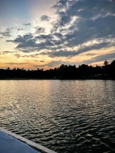 View of a calm river during sunset with silhouette of trees in the background.