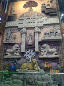 Statuary art built into a wall at Bhopal Railway Station, India.
