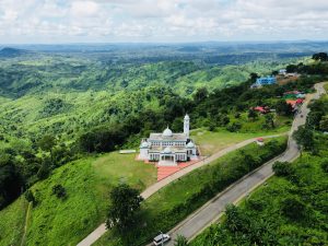 Areial view of a mosque on a mountain