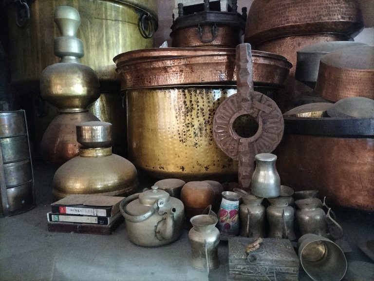 village kitchen utensils on display.