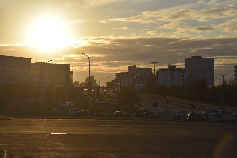 Sunset in a city.