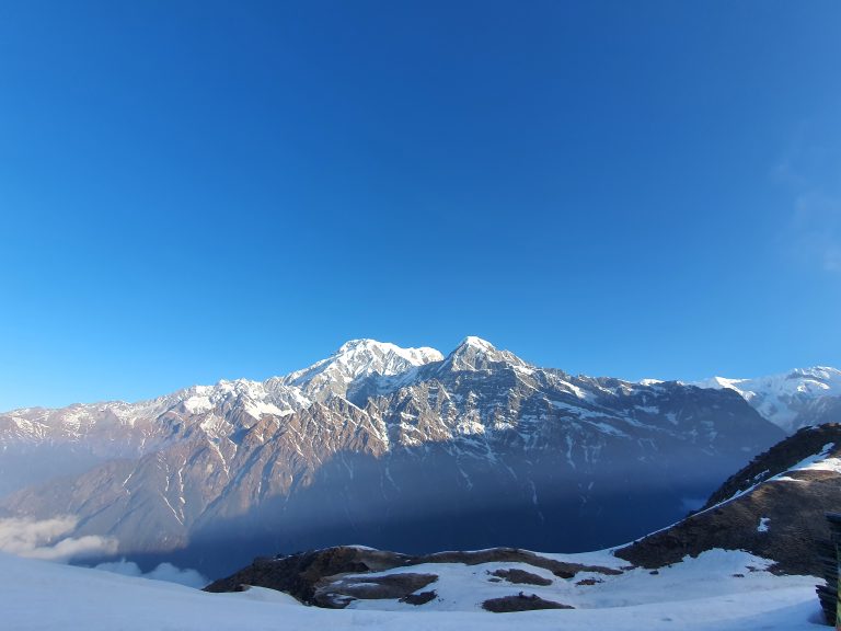 A Himalayan views from Mardi Base Camp with snowy landscapes at Mardi Viewpoint.