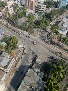 Drone photo of a town square.