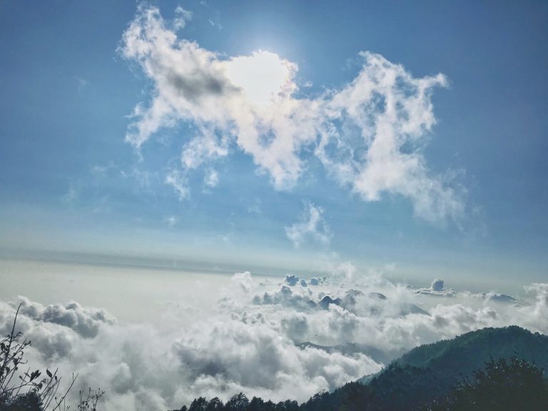 The sun obscured by clouds against a backdrop of a blue sky