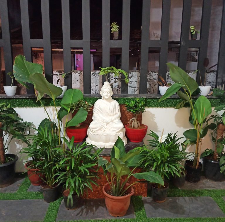 White Buddha statue which is surrounded by green plants.