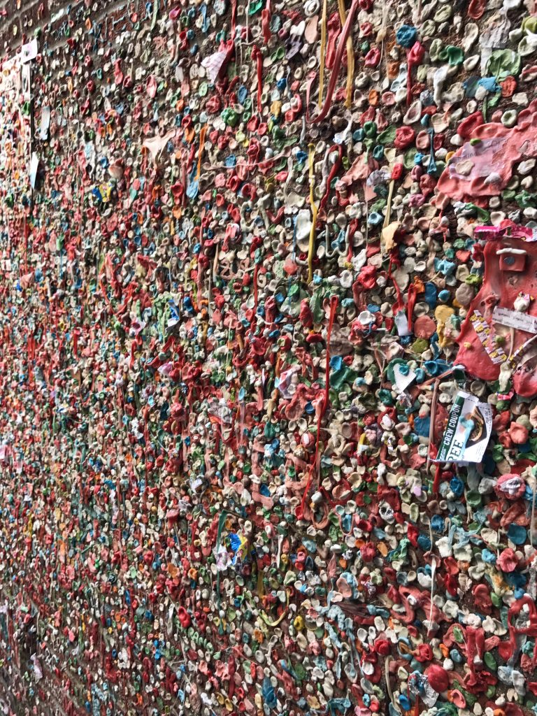 A wall covered in chewed pieces of gum in Seattle, Washington.