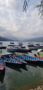 Colorful boats moored at Phewa Lake, Pokhara, Nepal.