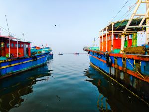 Red and blue color boats docked on the shores.