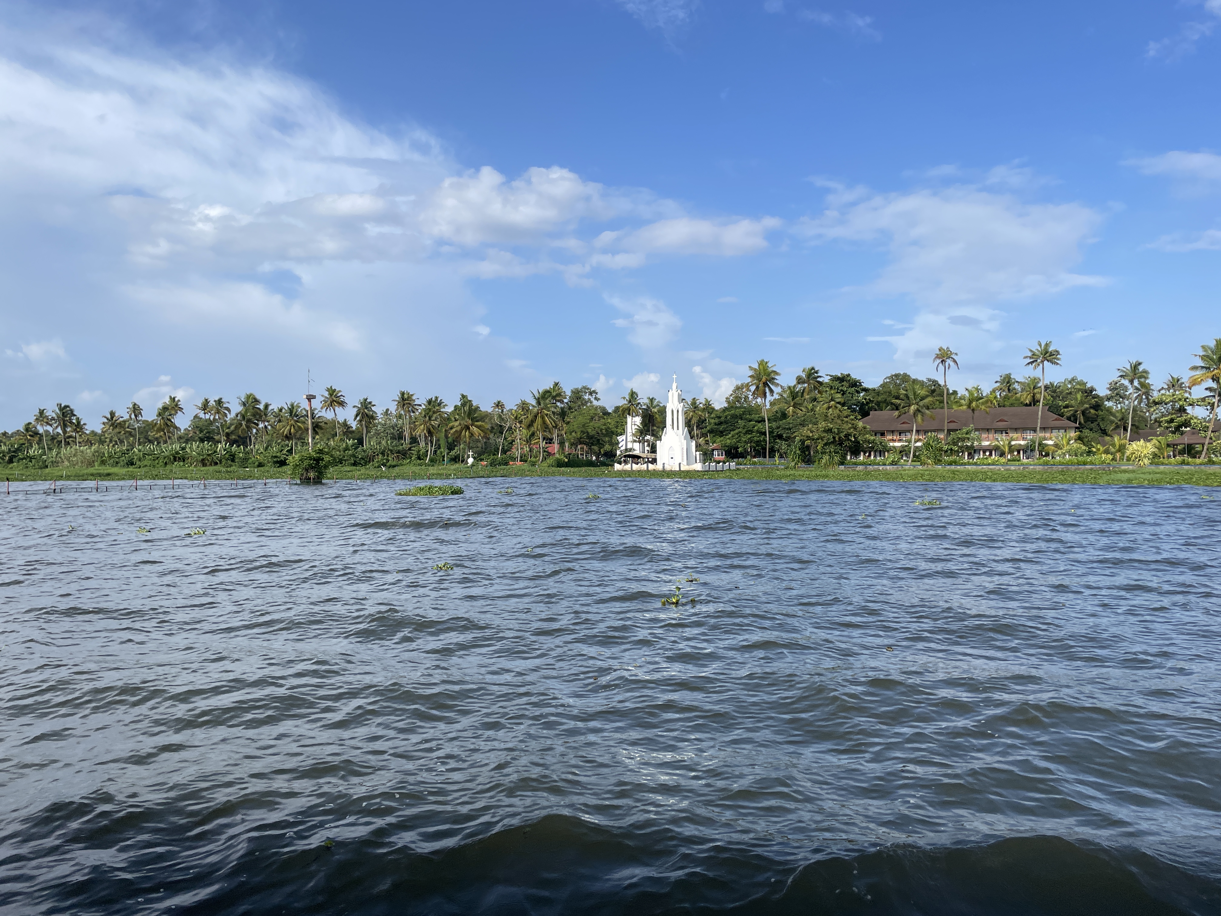 A white church surrounded by palm trees across a lake.