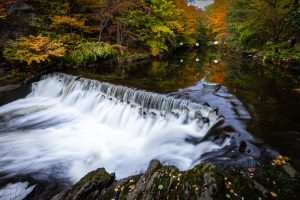 View larger photo: A long exposure of a small waterfall with trees changing colors all around it.  