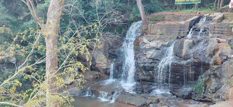 A waterfall trickles over stones between trees