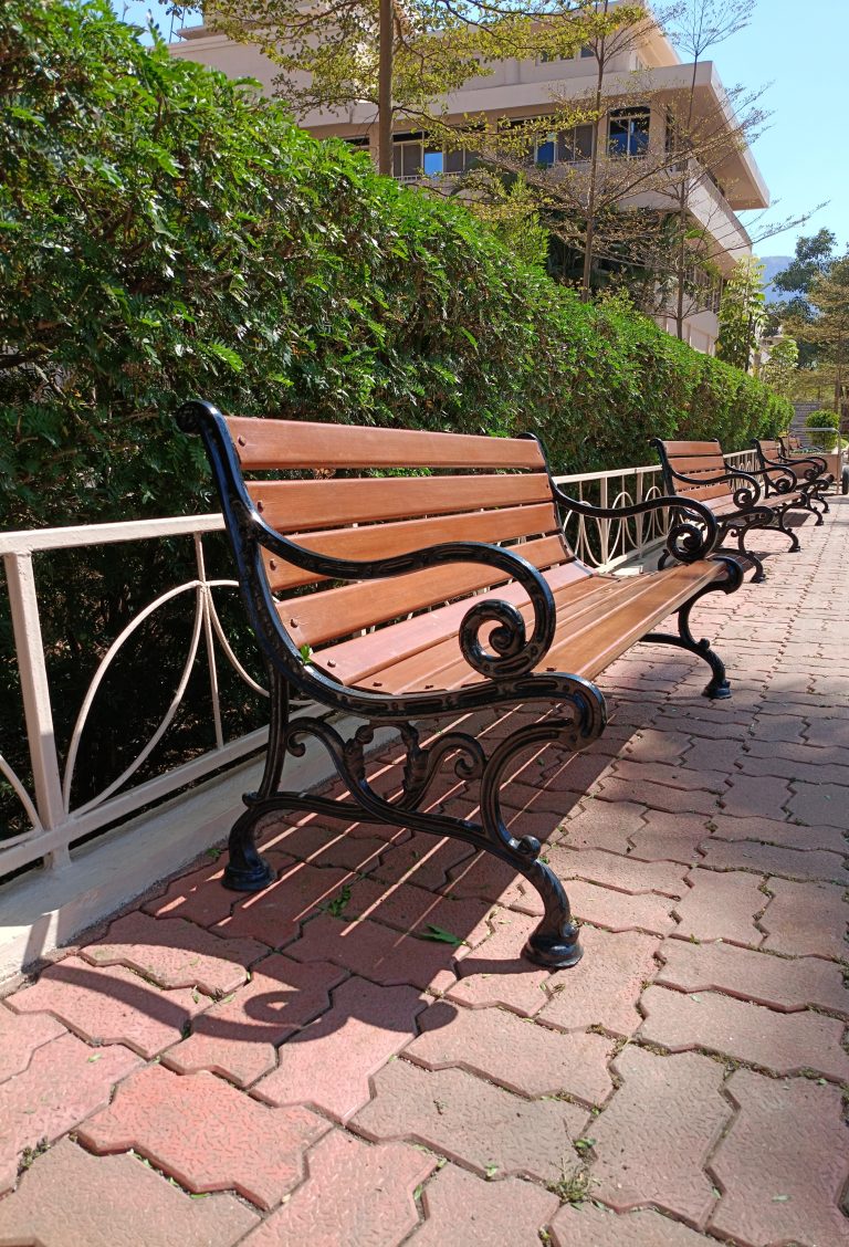 Empty benches on the side of a fence with bushes behind it.