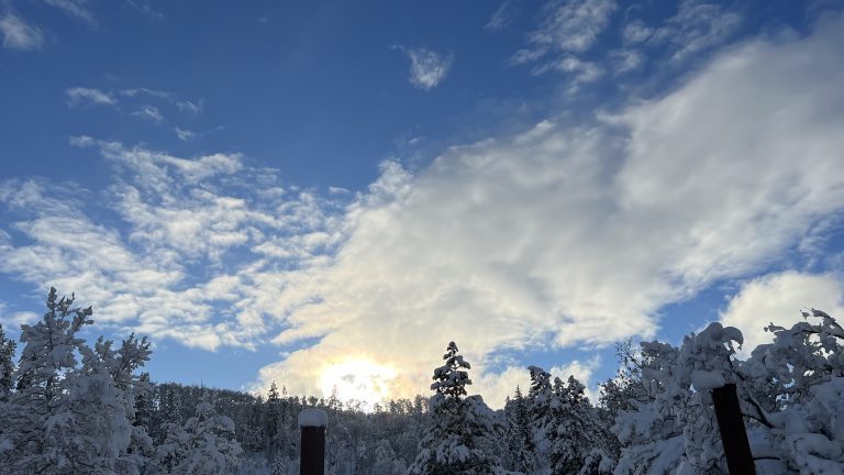 Afternoon sun peering through winter clouds and snow capped trees at Strawberry Park Natural Hot Springs (Steamboat Springs, Colorado)