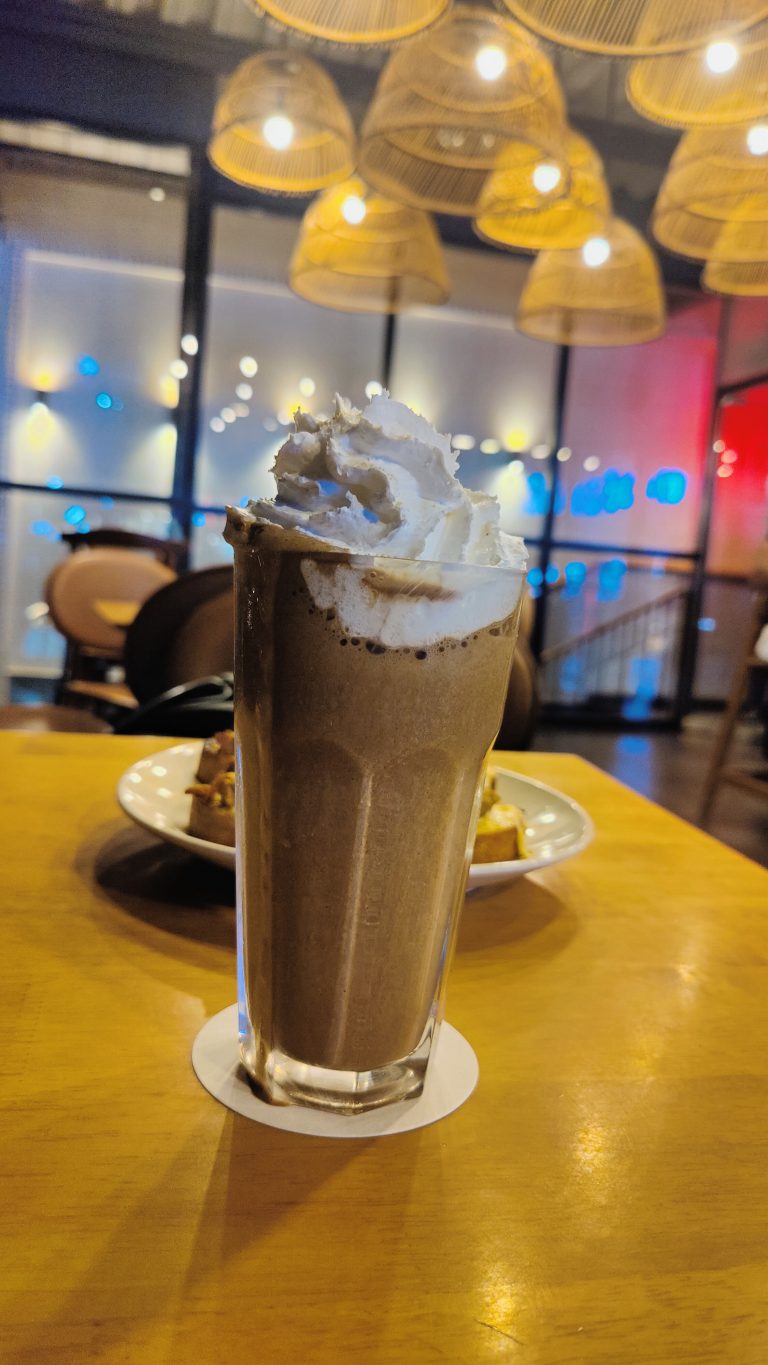 Choco hazelnut frappe served in a tall glass