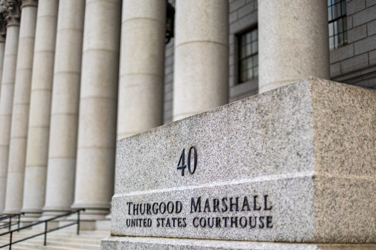 Front steps and sign for the Thurgood Marshall United States Courthouse