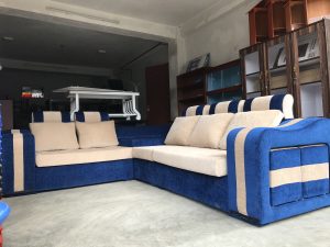 Blue and cream color sofa set. 