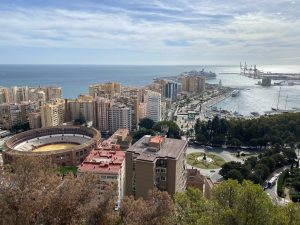 Málaga Port from Mount Gibralfaro: Panoramic view, cityscape blending with coastal charm, captivating Spanish maritime scene.
