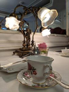 A vintage cup and saucer from an afternoon tea.
