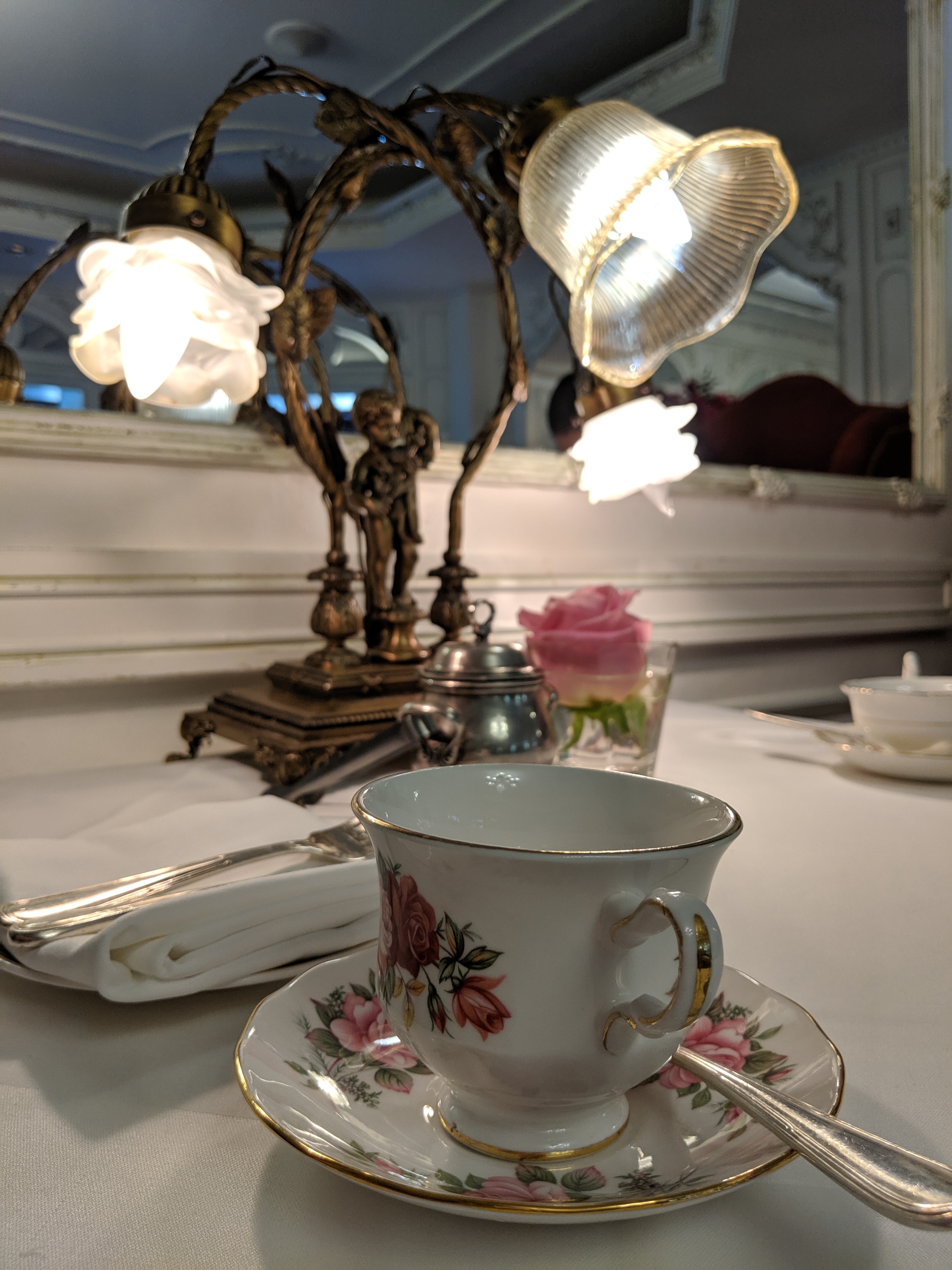 A vintage cup and saucer from an afternoon tea.