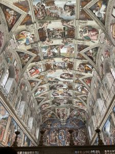 The Sistine Chapel ceiling was painted in fresco by Michelangelo.