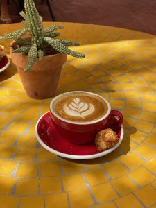 A cappuccino with a tulip pattern sits in a red cup on a table with yellow tiles. Next to the cup is a cookie, and on the table is also a small plant in a brown pot.
